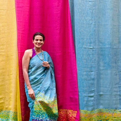Calyz Blue Linen Saree with Collage Technique - Image 10
